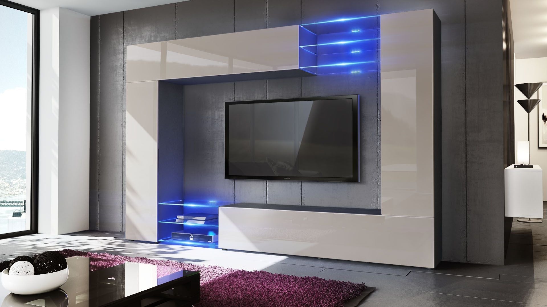 Wohnzimmer mit Wohnwand in Weiß matt / Sandgrau Hochglanz mit LED Beleuchtung